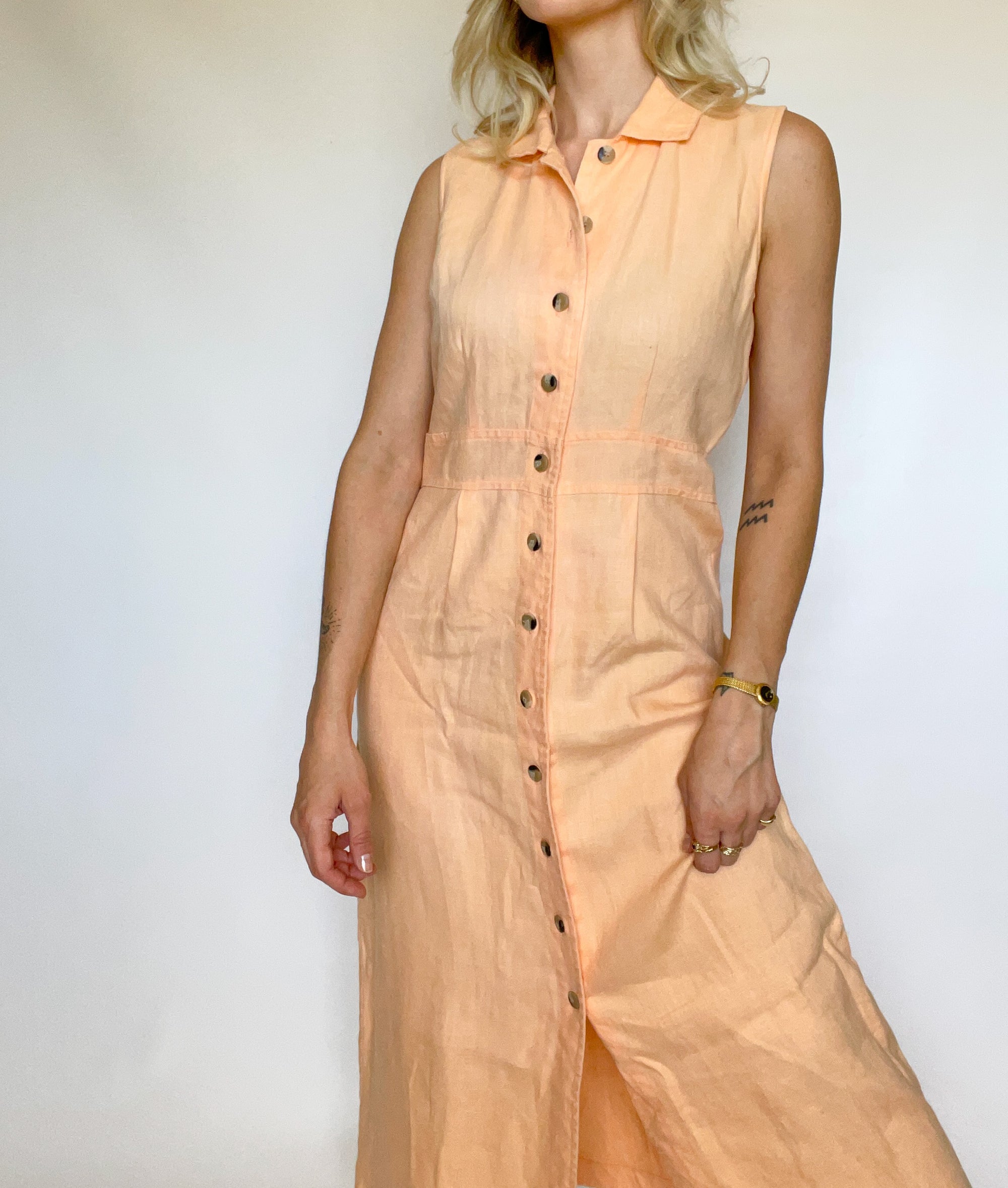 Peach Button Up Linen Dress